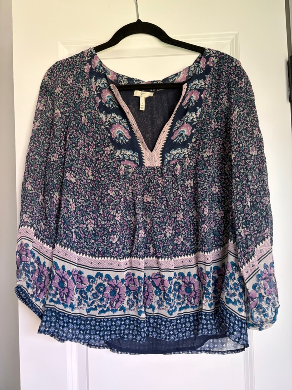 Joie Navy Floral Bohemian Peasant Blouse with Lavender Accents